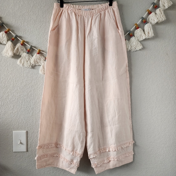 BRAWLEY LINEN CROP PANT, ROUSSEAU PINK BAREFOOT BEACHCOMBERS